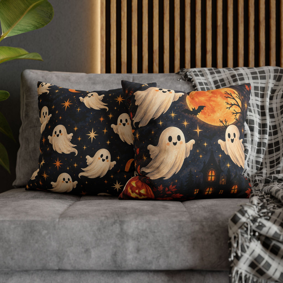 Moonlit Ghosts Halloween pillow cover with double-sided spooky design