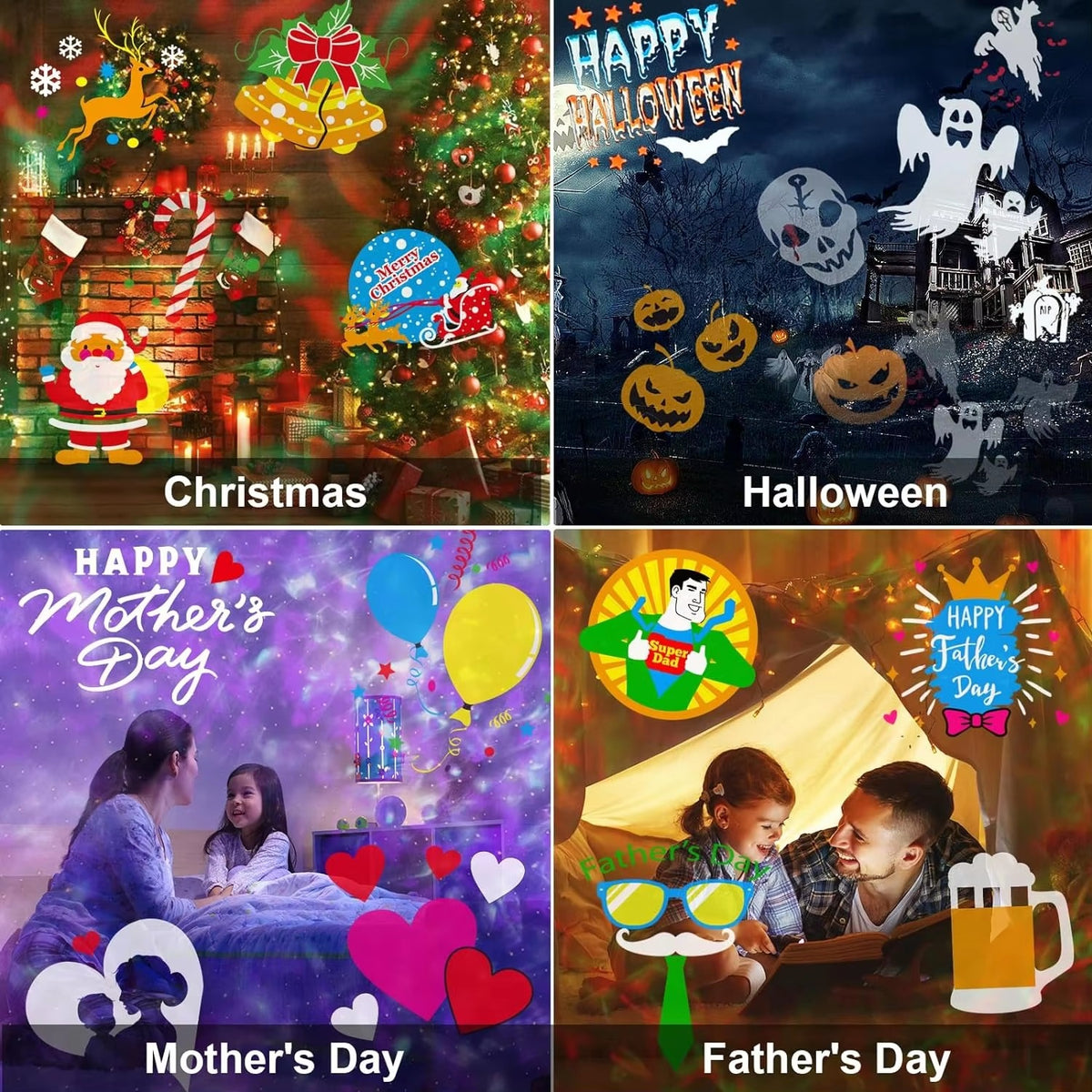 Holiday projector with remote control and seasonal slide set
