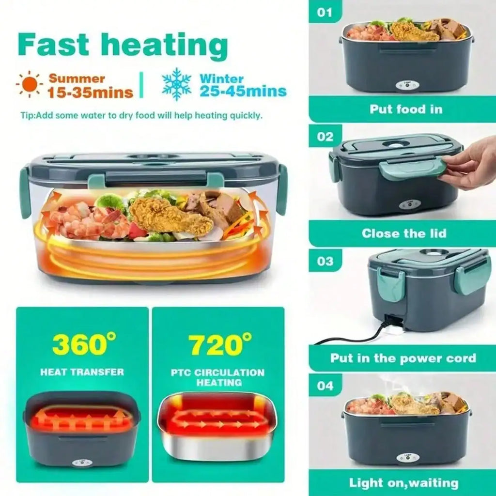 Electric Heated Lunch Box 1.5L — Stainless Steel Dual Compartment, 12V Car Use