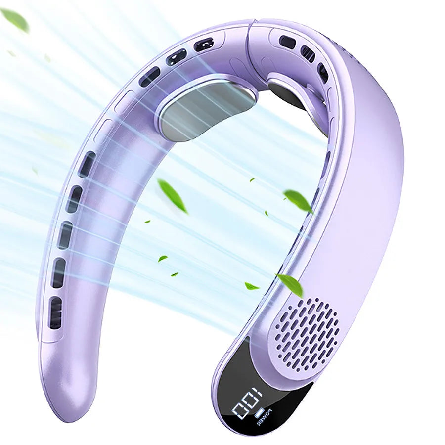 Quad-Core USB Neck Fan | 4000mAh Turbine Vaneless | Digital Display | Portable
