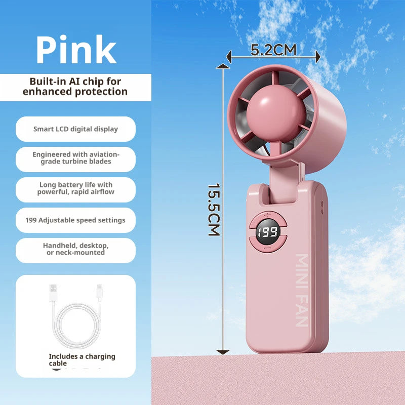 Portable Mini Turbo Fan | 199-Speed AI Chip | Smart LED Display | USB Rechargeable
