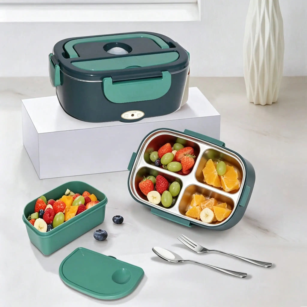 Electric Heated Lunch Box 1.5L — Stainless Steel Dual Compartment, 12V Car Use