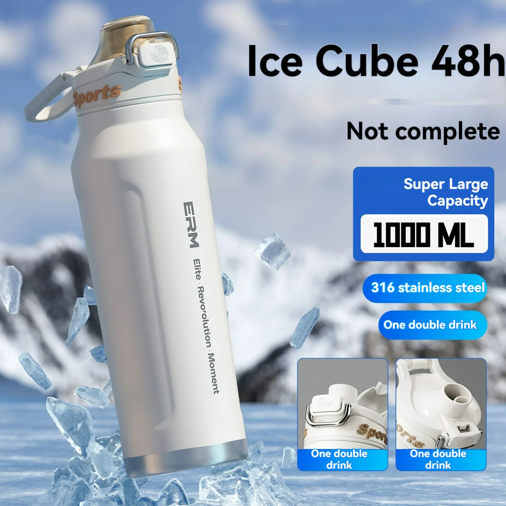 1L Stainless Steel Thermos Bottle — Double-Wall Vacuum Insulated, Handle, Hot & Cold