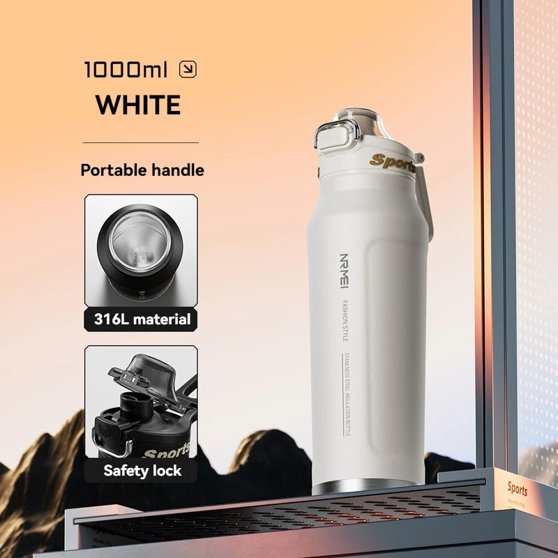 1L Stainless Steel Thermos Bottle — Double-Wall Vacuum Insulated, Handle, Hot & Cold