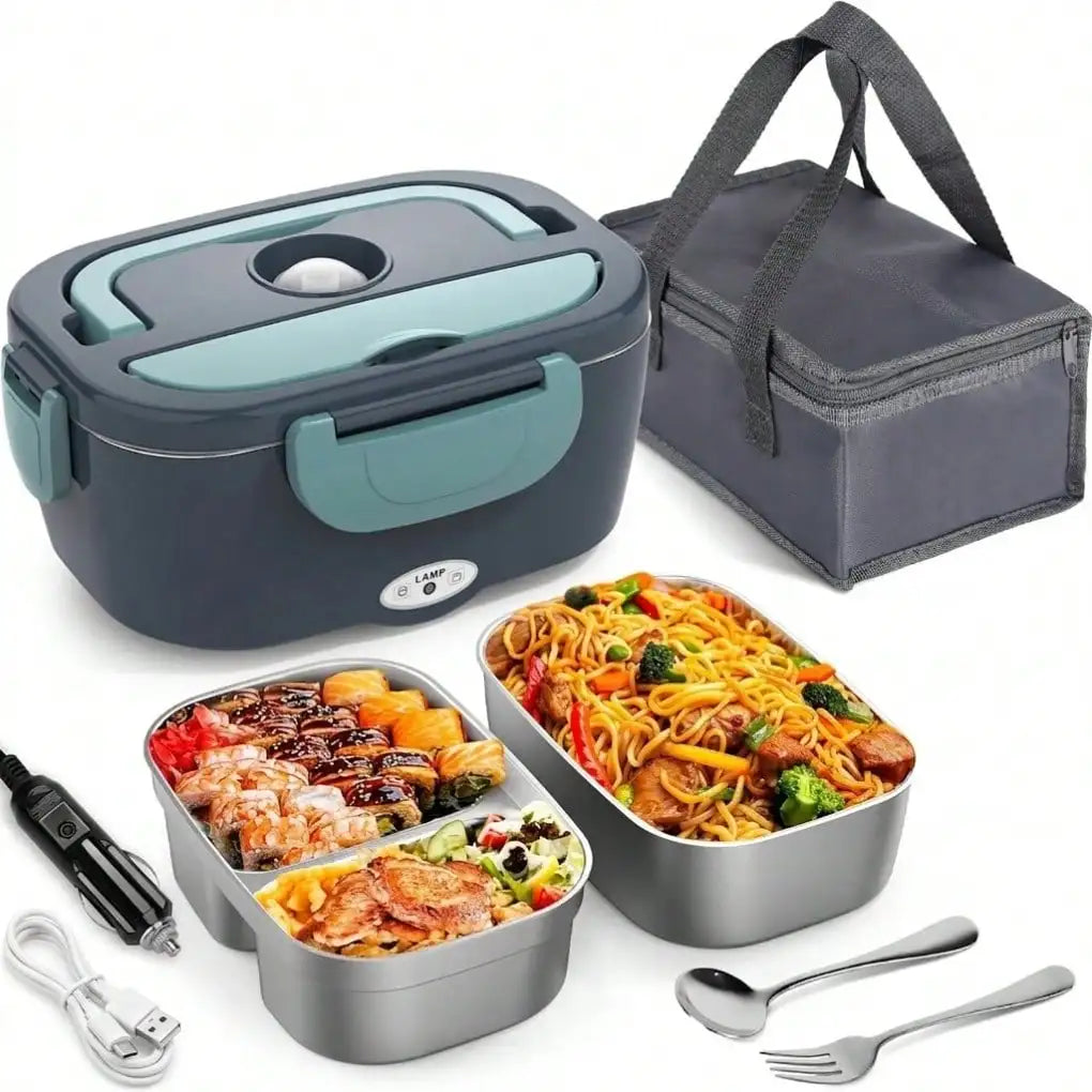 Electric Heated Lunch Box 1.5L — Stainless Steel Dual Compartment, 12V Car Use