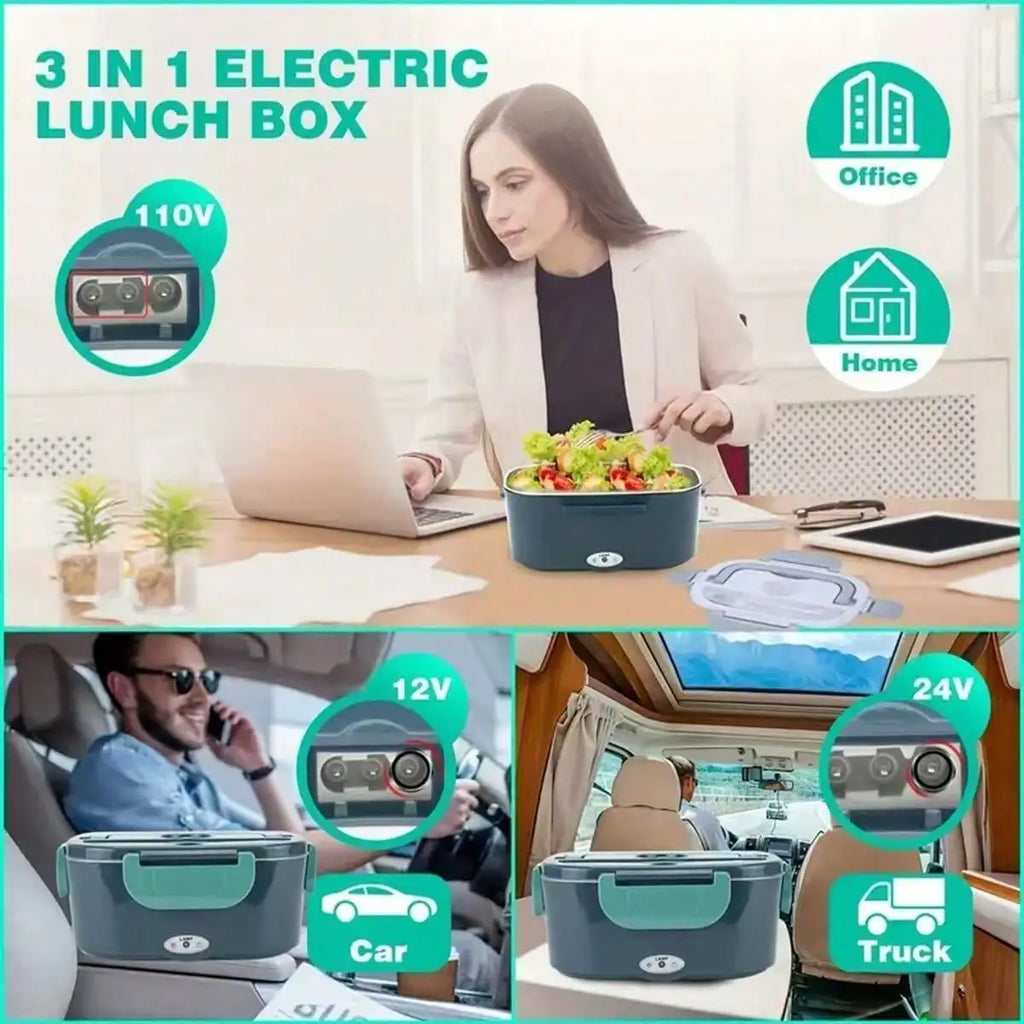 Electric Heated Lunch Box 1.5L — Stainless Steel Dual Compartment, 12V Car Use