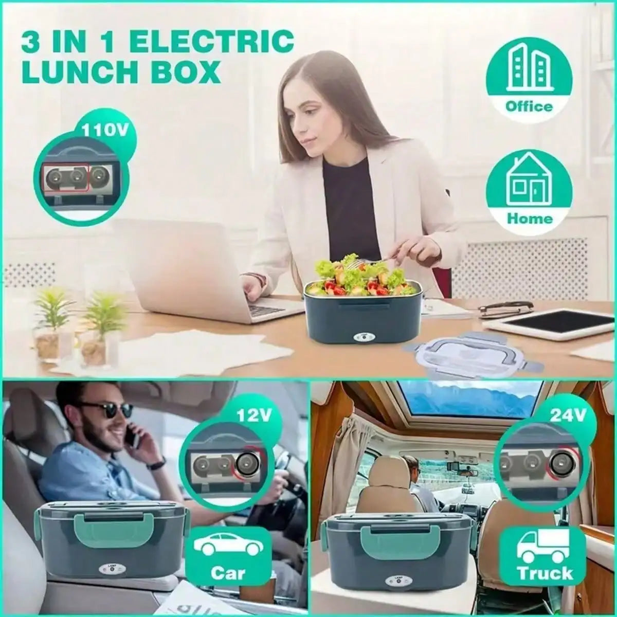 Electric Heated Lunch Box 1.5L — Stainless Steel Dual Compartment, 12V Car Use