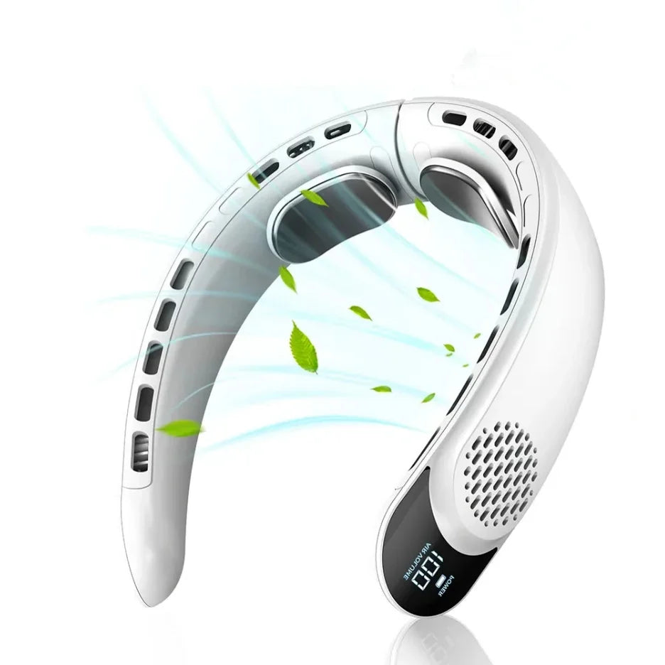 Quad-Core USB Neck Fan | 4000mAh Turbine Vaneless | Digital Display | Portable