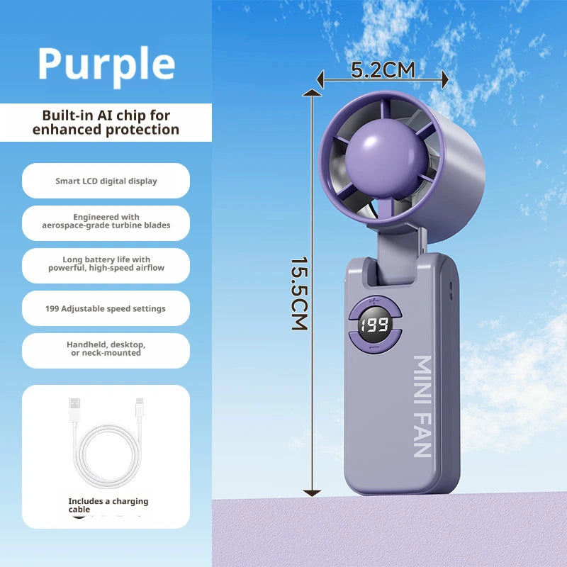 Portable Mini Turbo Fan | 199-Speed AI Chip | Smart LED Display | USB Rechargeable