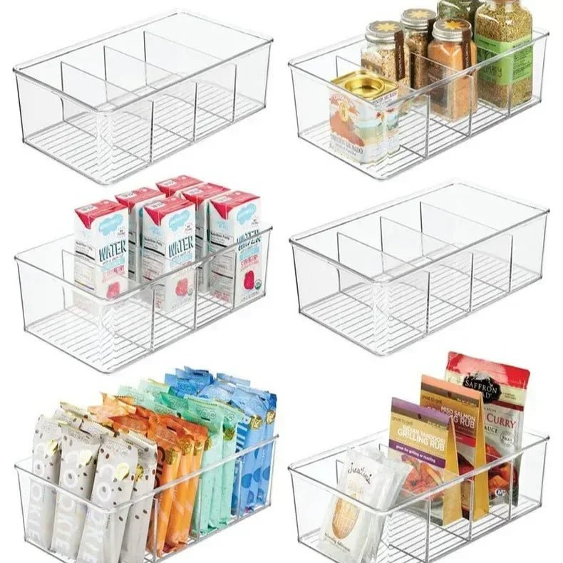 Refrigerator Organizer Bin Clear Plastic Food Storage Organizer Fridge Storage Box with Divider Freezer Pantry Kitchen Organizer