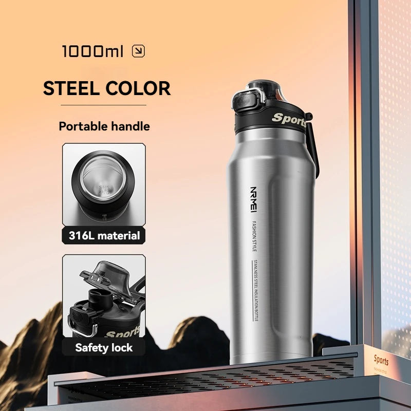 1L Stainless Steel Thermos Bottle — Vacuum Insulated with Handle