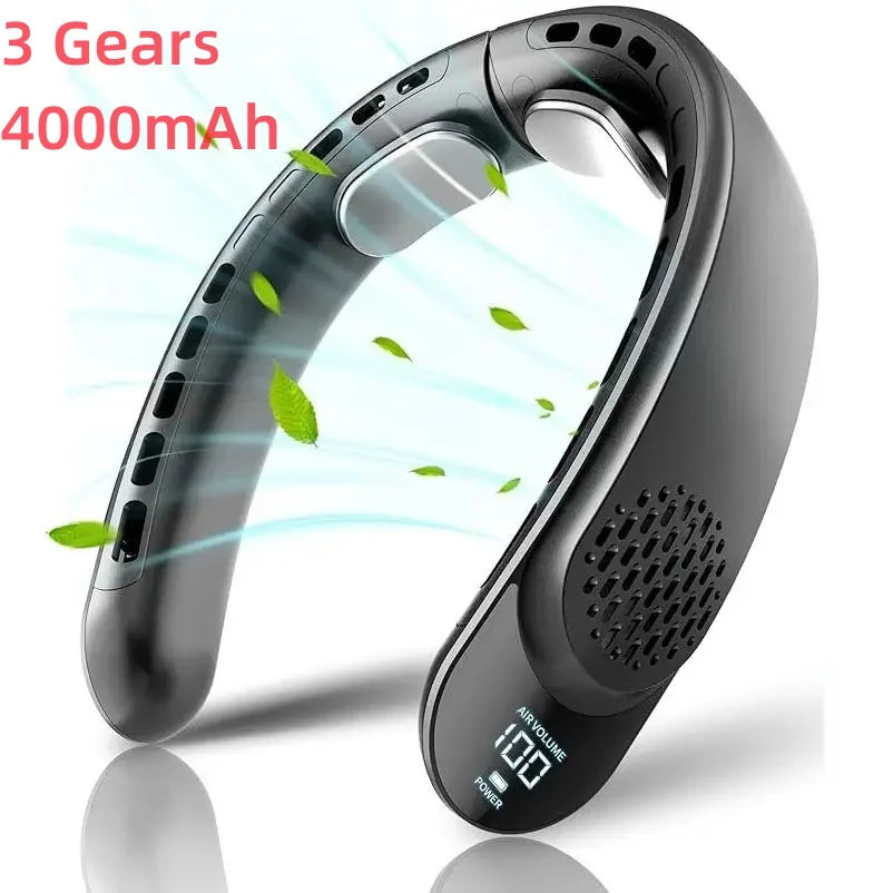 Quad-Core USB Neck Fan | 4000mAh Turbine Vaneless | Digital Display | Portable