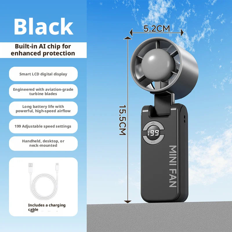 Portable Mini Turbo Fan | 199-Speed AI Chip | Smart LED Display | USB Rechargeable