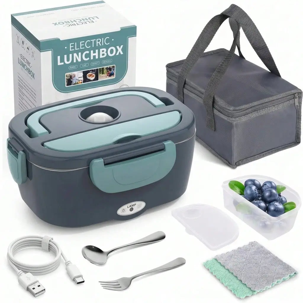 Electric Heated Lunch Box 1.5L — Stainless Steel Dual Compartment, 12V Car Use