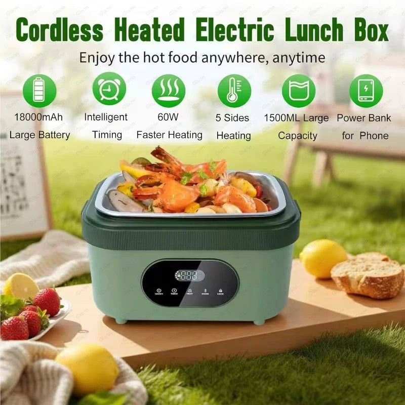 Portable Wireless Electric Heated Lunch Box 1.5L — 18000mAh Battery, LED Display