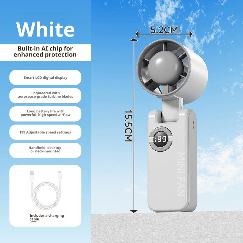 Portable Mini Turbo Fan | 199-Speed AI Chip | Smart LED Display | USB Rechargeable