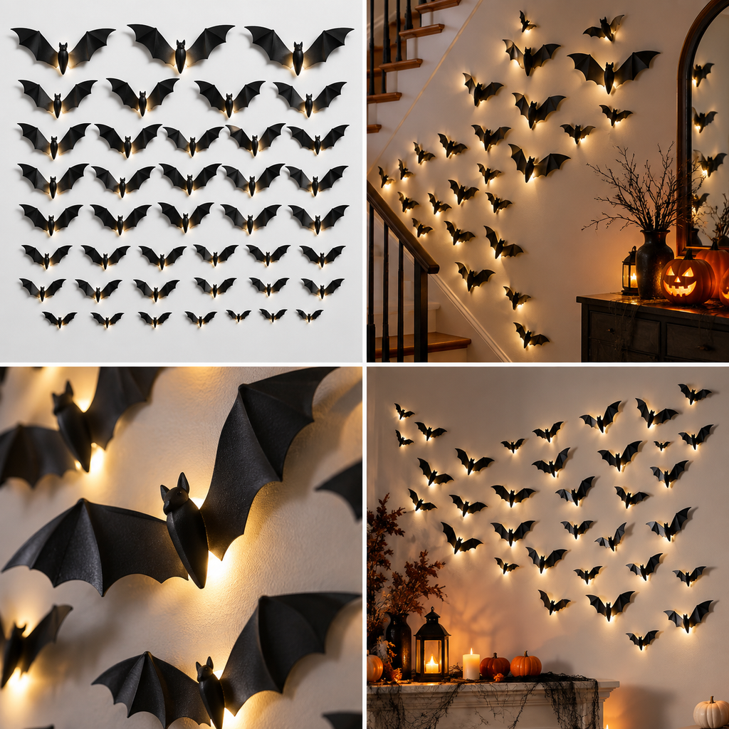3D LED bat wall decal set with glowing Halloween wall display