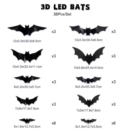 3D LED Bat Wall Decal Set 36-piece size guide with inch and centimeter dimensions