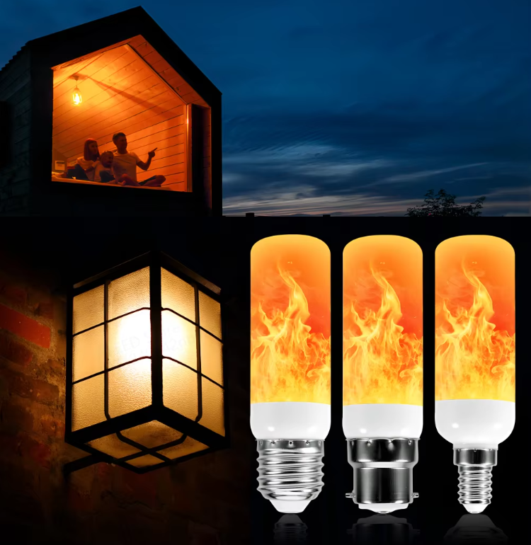 Flame-effect LED bulb shown with E27, B22 and E14 base styles