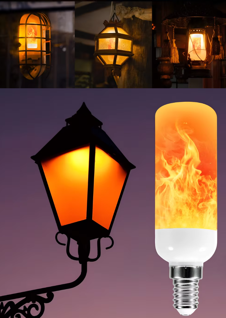 Flame-effect LED bulb used in decorative lantern fixtures