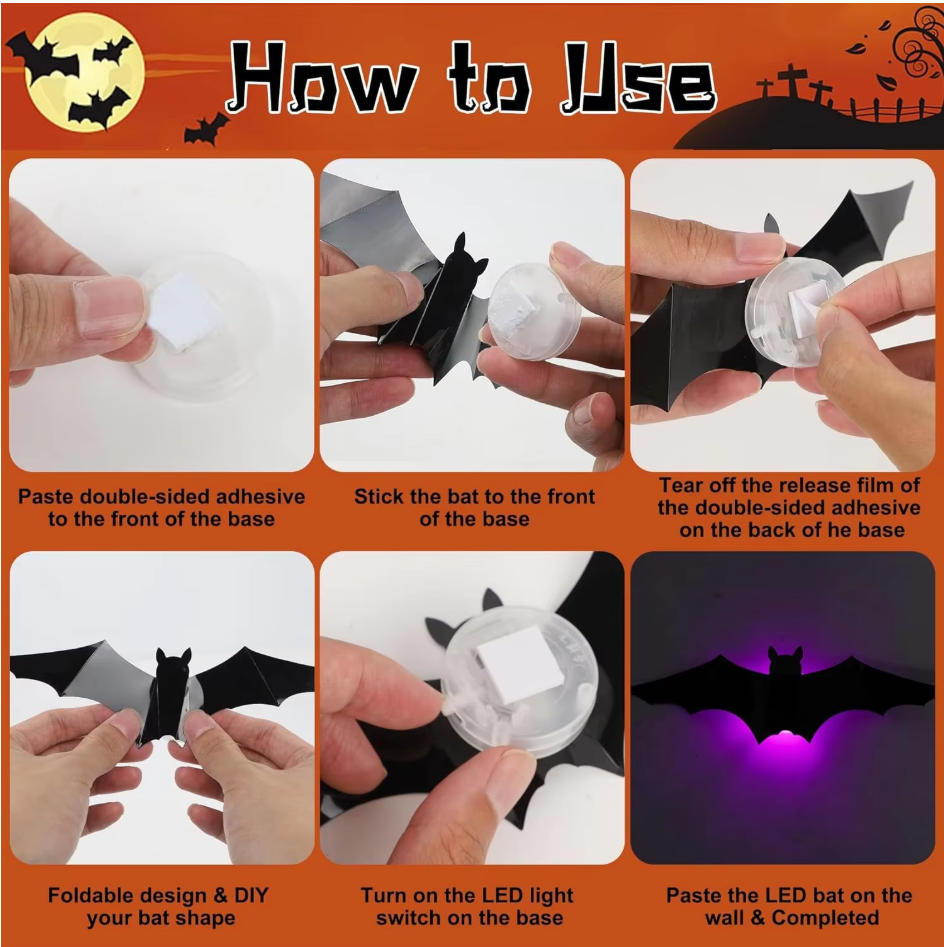 How to install the 3D LED bat wall decorations using double-sided adhesive