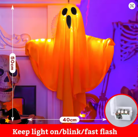 Orange light-up Halloween ghost decoration, 50 x 40 cm, with coin-cell battery pack